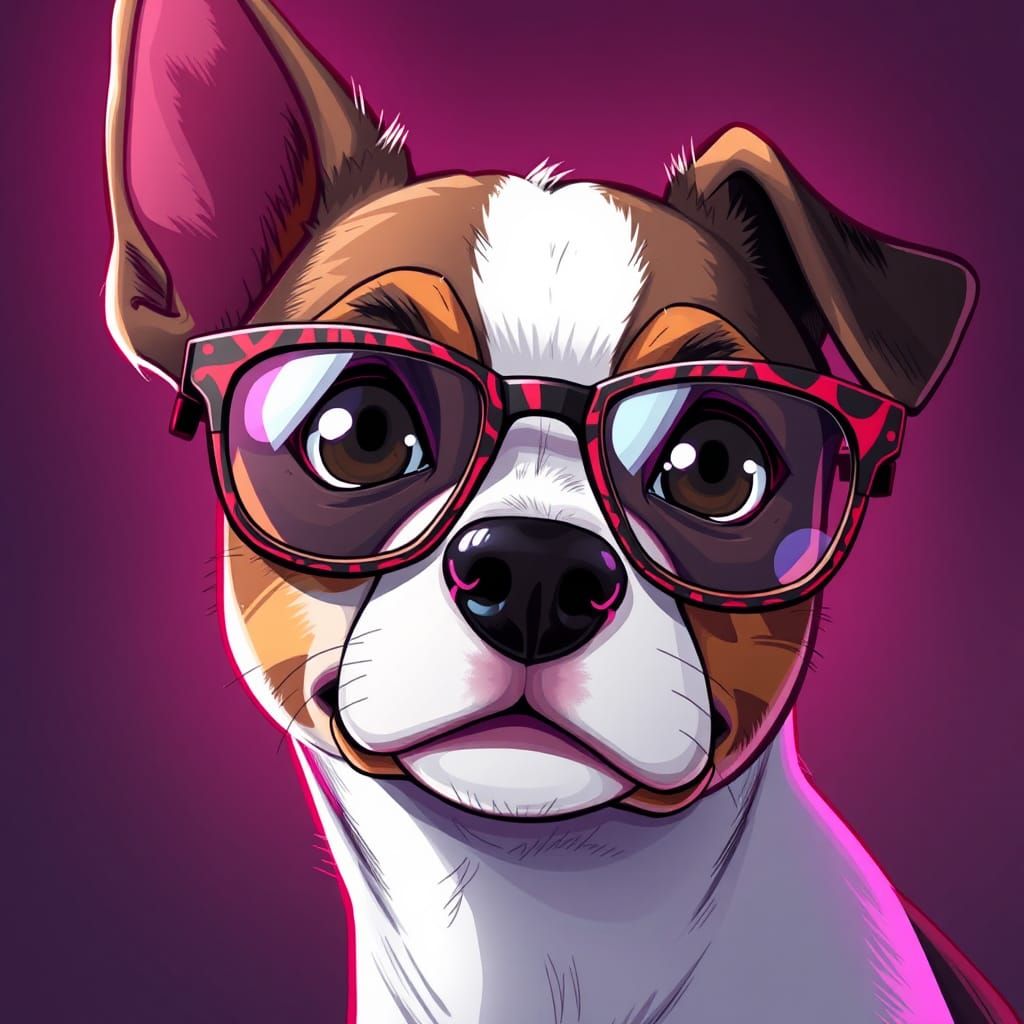 A jack russell terrier wearing glasses have a thin dark red ...