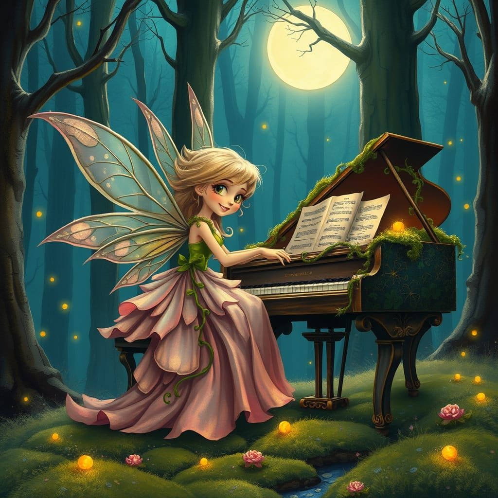 Whimsical Fairy Plays Piano in Enchanted Forest