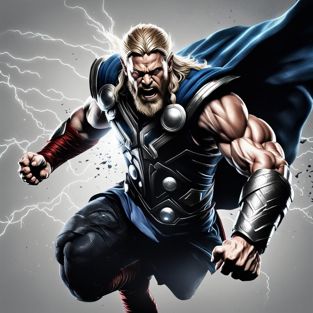 Fierce Thor Leaping in Ultra-Realistic Illustration