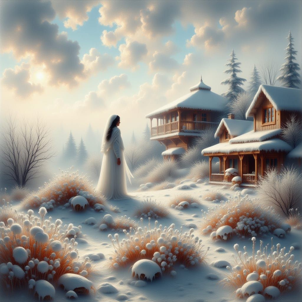 Winter Landscape with Frozen River in Classic Style