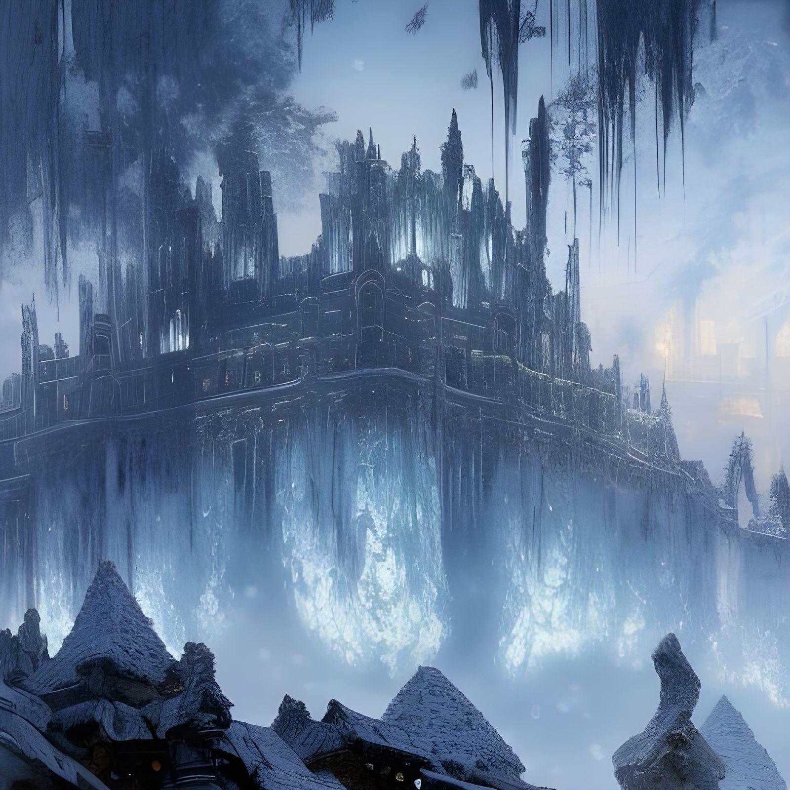 Crystal Cave Winterscape: Ancient Castle Ruins in Snow