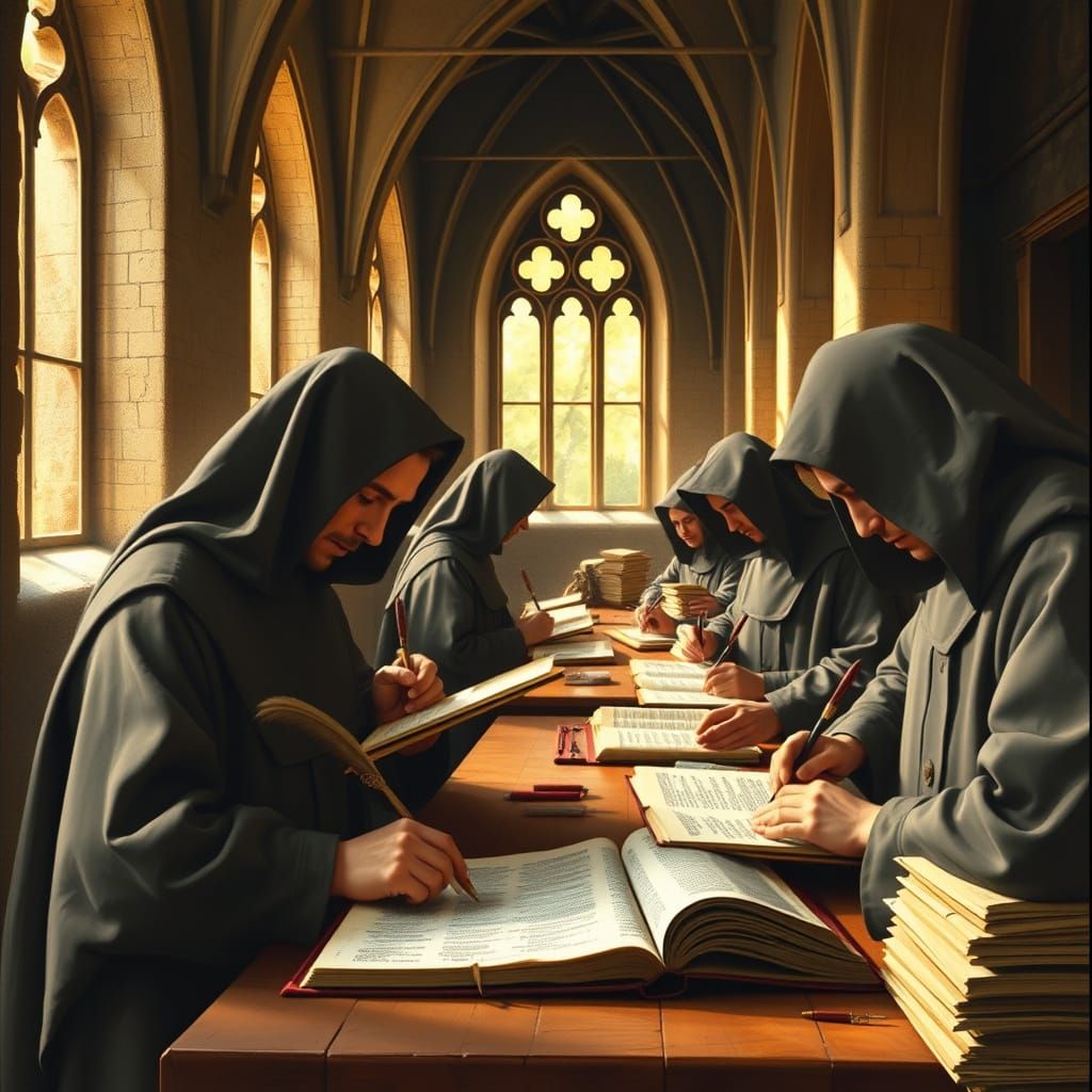 Monks Copying Texts in Medieval Scriptorium