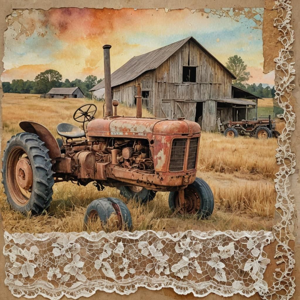 Antique Whimsy: Distressed Watercolor Sunset Barn