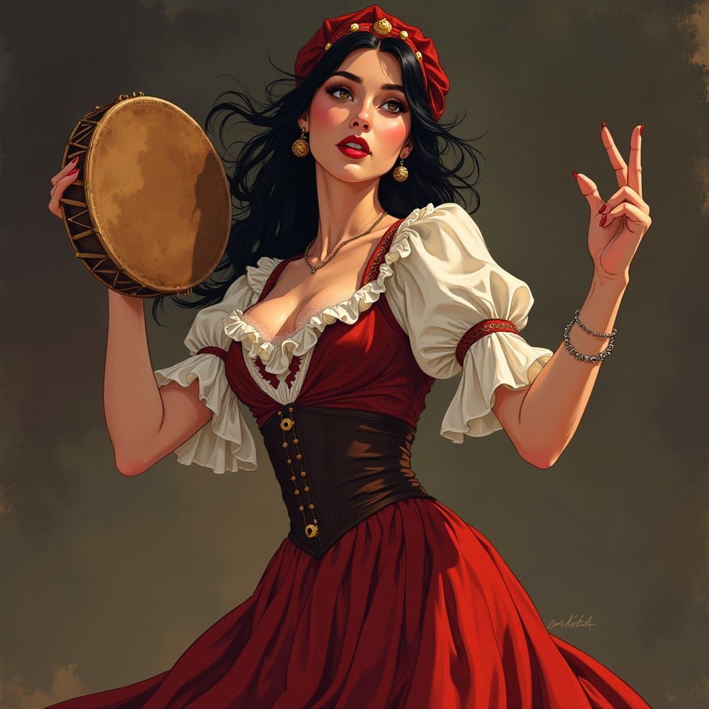 15th Century French Gypsy Dancer in Vibrant Anime Style