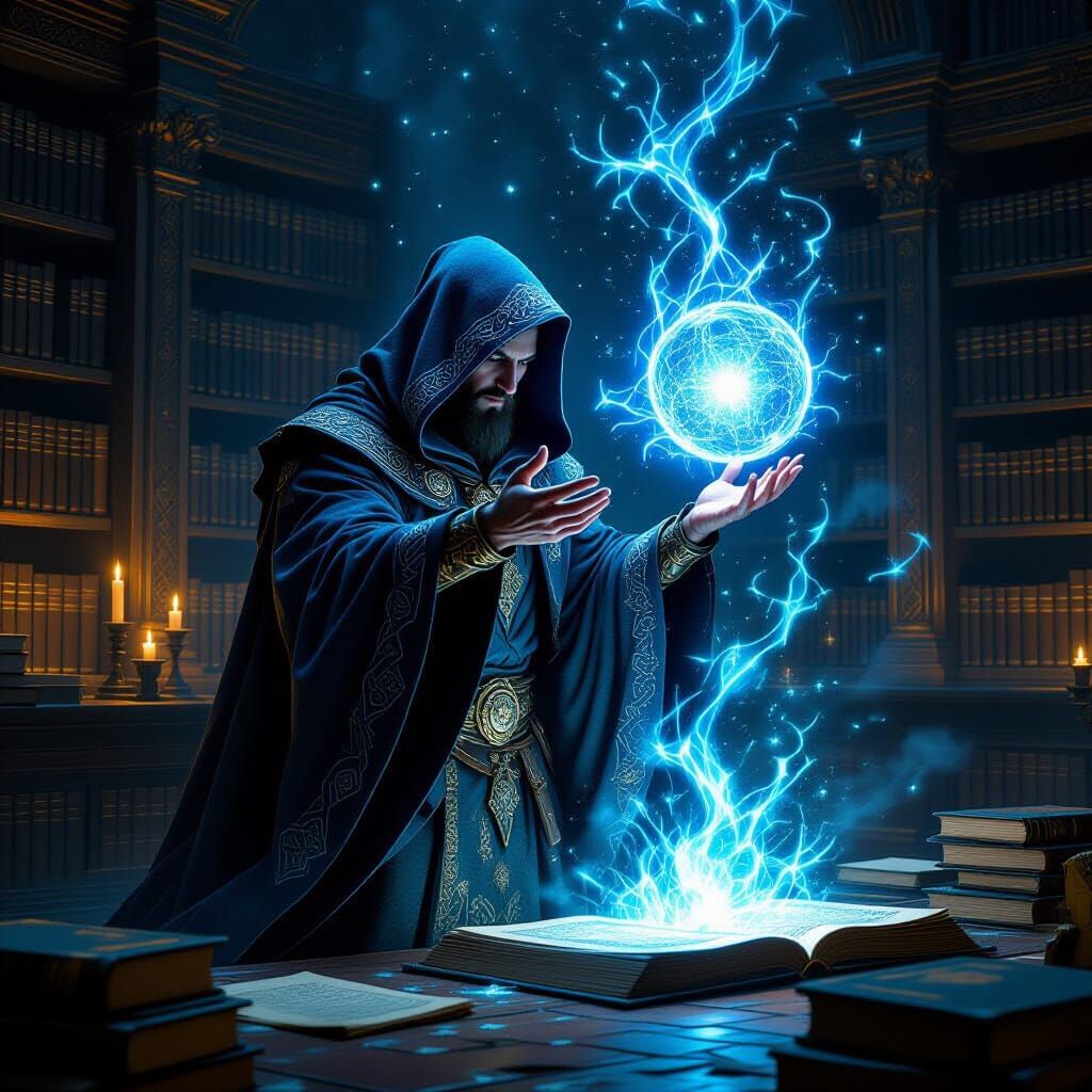 Mystical Mage's Arcane Ritual in Ancient Library