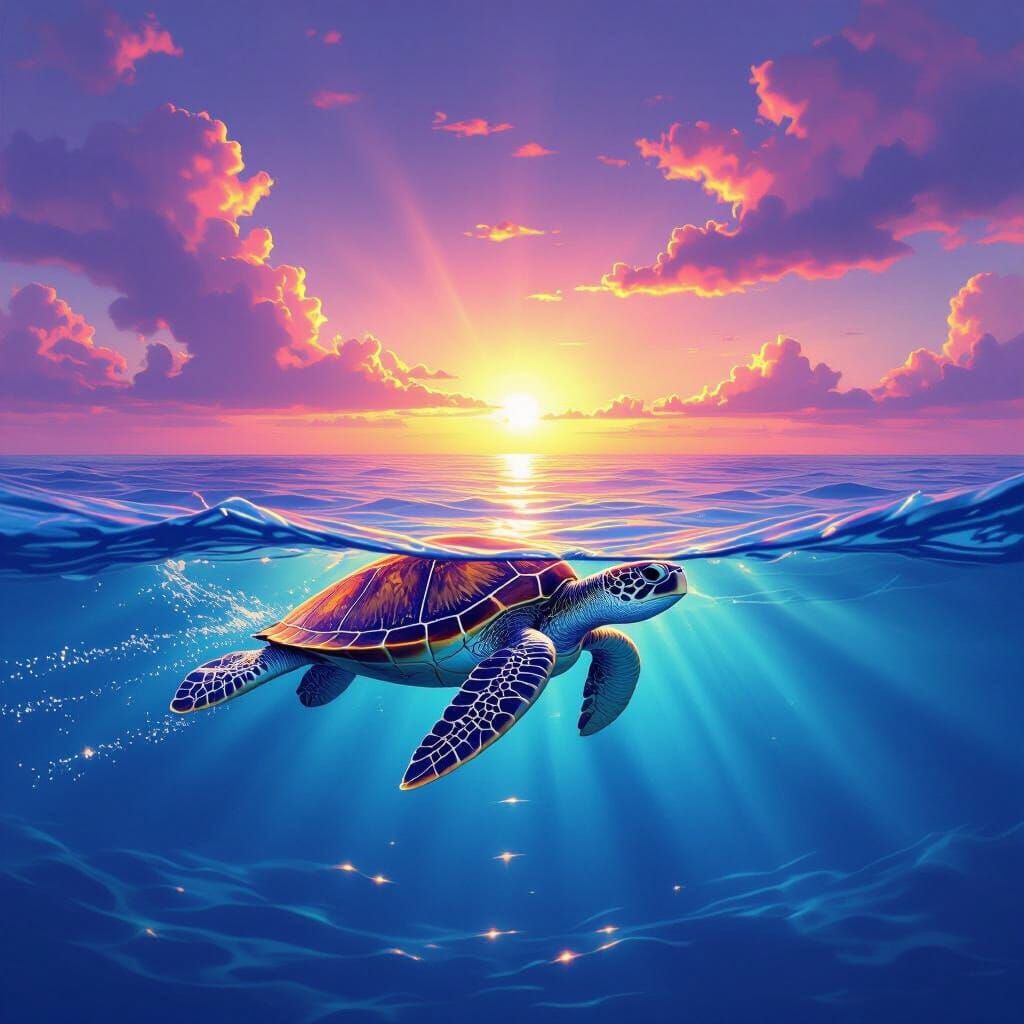 Sea Turtle Swims Towards Purple Sunset in Hyperrealistic Sty...