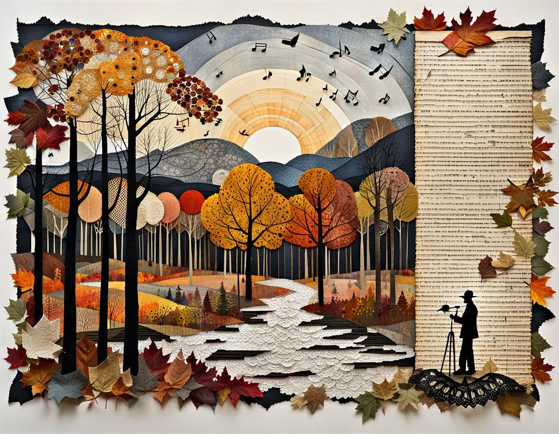 Autumn Landscape Shines: Mixed Media Collage Painting