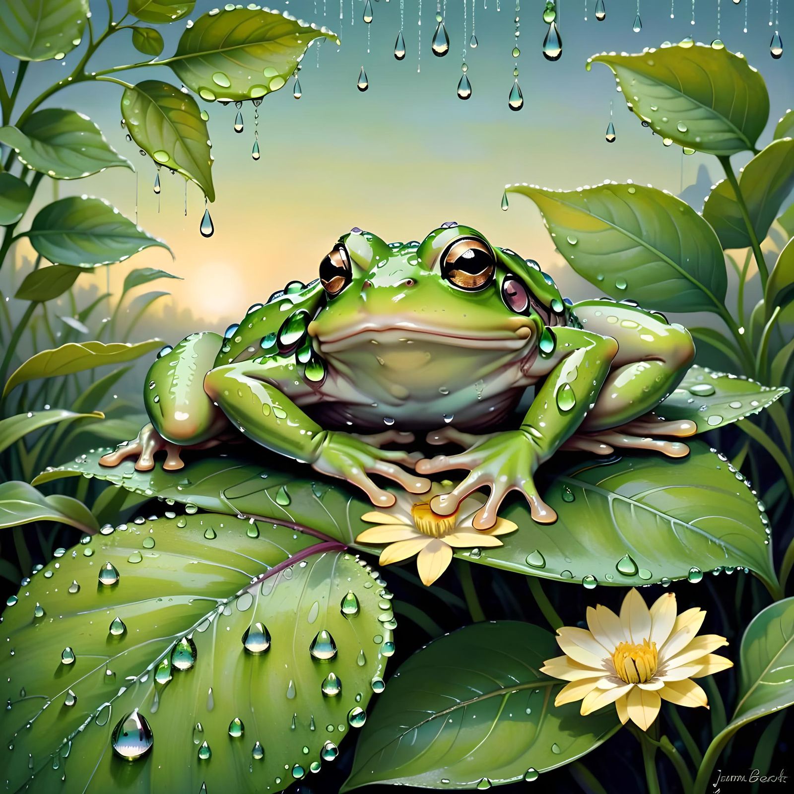 "Dew Drops are Falling Down" - Funny Green Frog Sitting on a Leaf