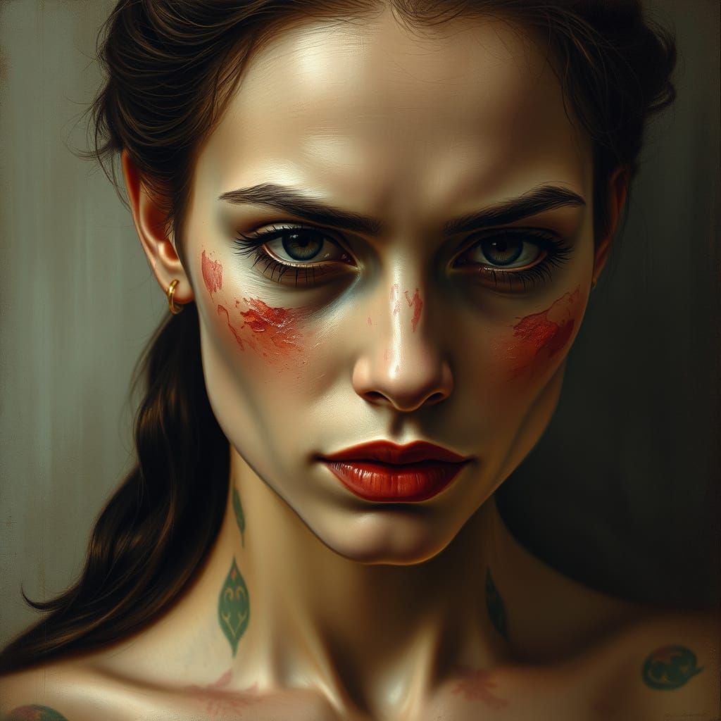 Melancholic Woman Portrait Painting in Klimt & Schiele Style