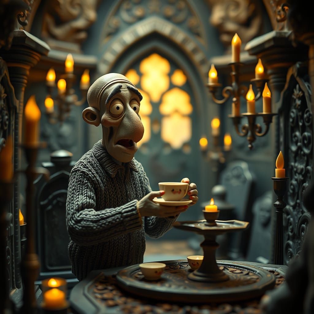 Whimsical Crypt Keeper's Tea Party in Claymation Style