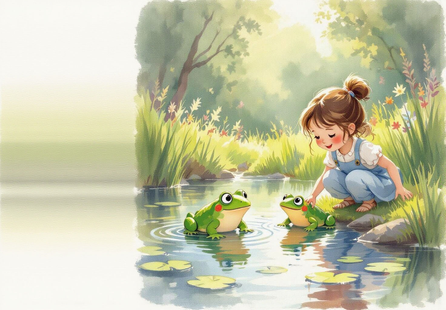 Girl Playing by Pond with Puppet Friends in Watercolor Style