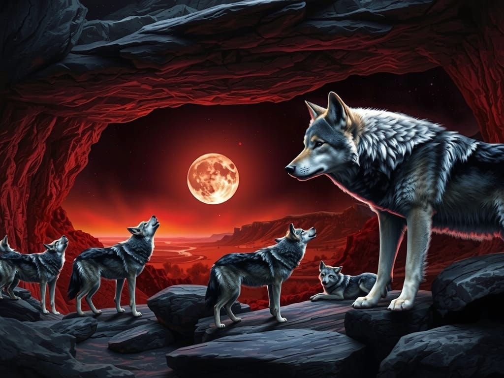 Wolves Howling at Harvest Moon Under Cave