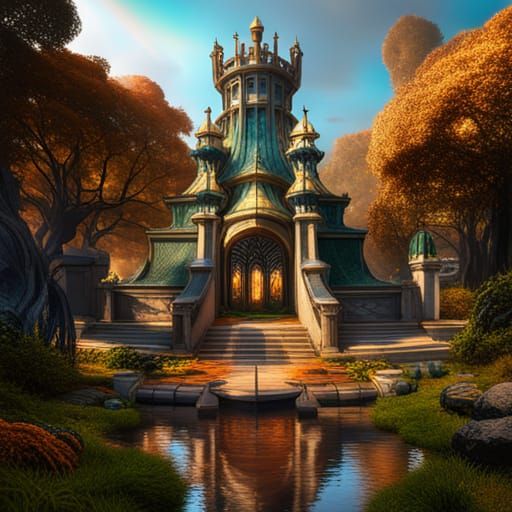 Fae Palace in Autumn Forest, Detailed Matte Painting