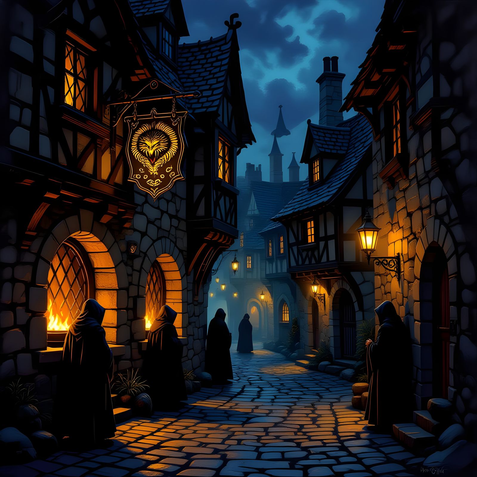 Dark Fantasy Medieval Alleyway with Hooded Figures