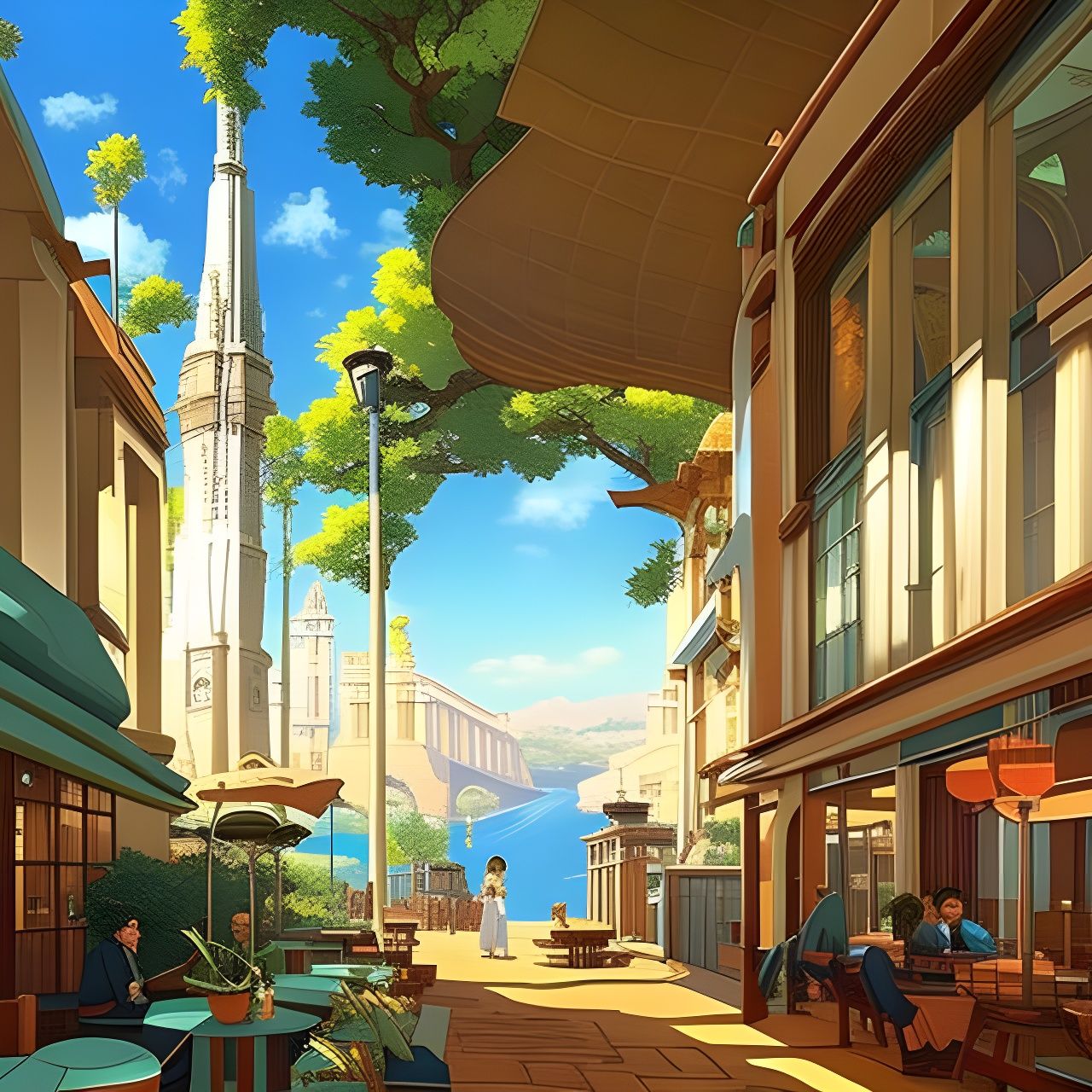 Lively Cafe Scene in Anime Key Visual Style