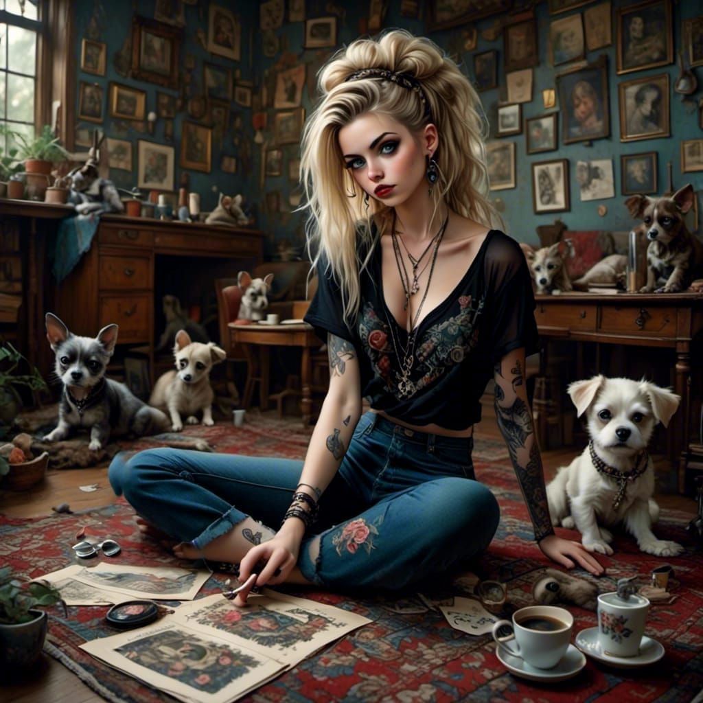 Punky Hippie Girl Drinking Coffee as Burton Art