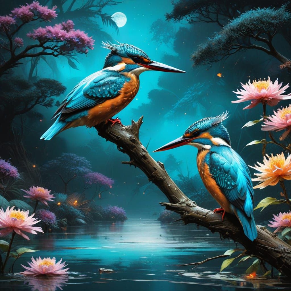 Surreal Japanese Garden Scene with Kingfisher in Moonlit Nig...