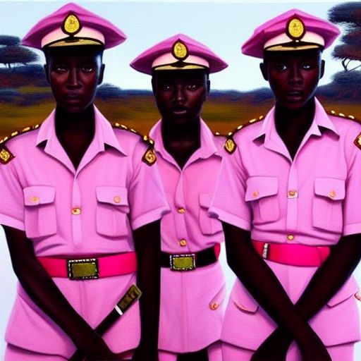 African Police in Pink Uniforms: Oil Painting