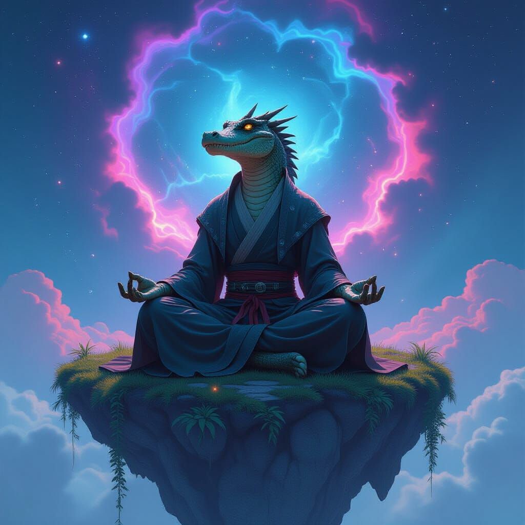 Meditating Dragon-Alligator Hybrid Amidst Bioluminescent Neb...