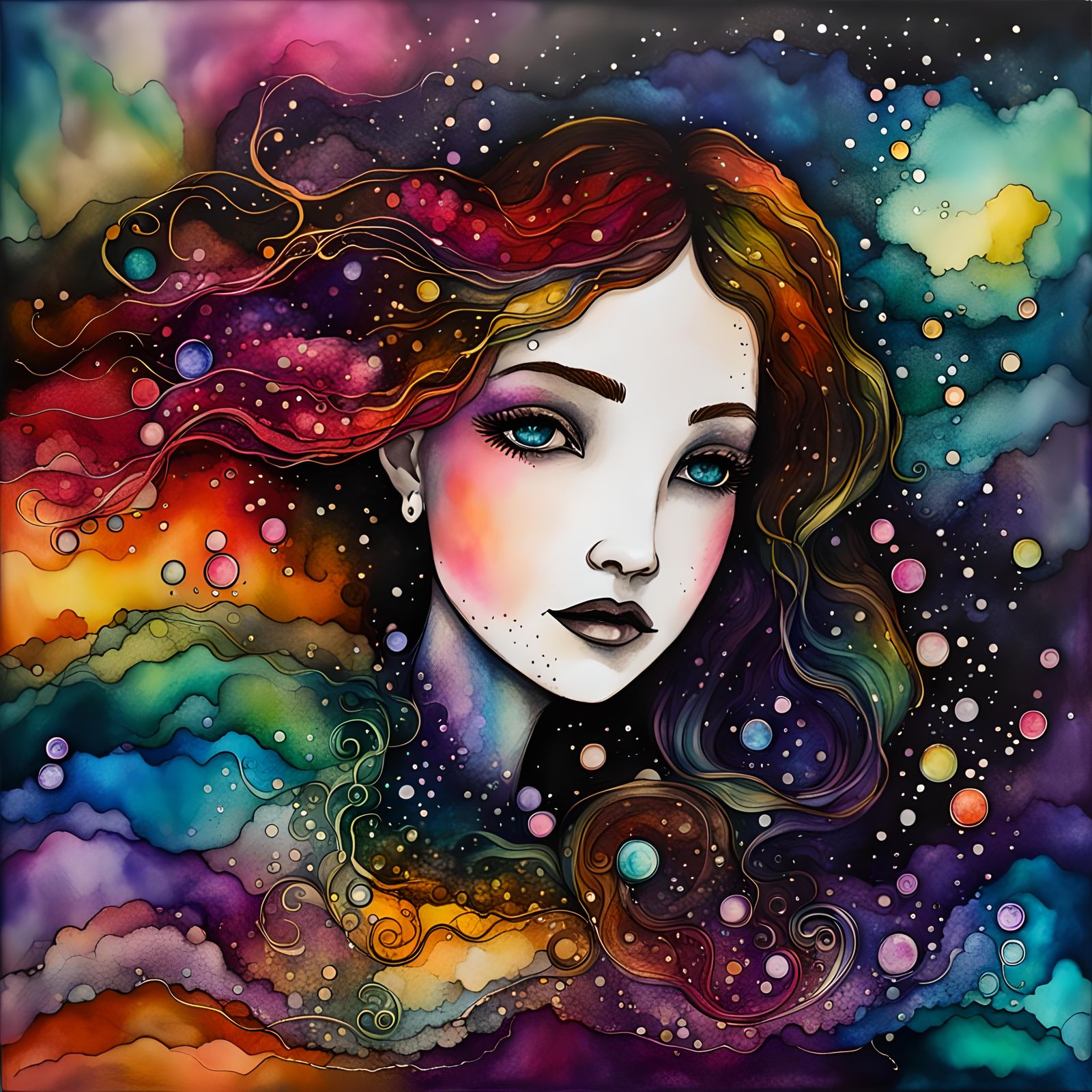 Mermaid Amidst Underwater Rainbows in Alcohol Inks