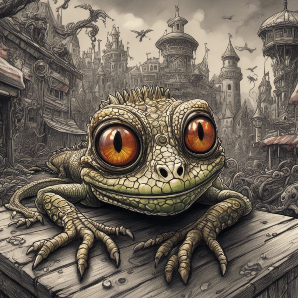 Hyperrealistic Lizard in Post-Apocalyptic Amusement Park