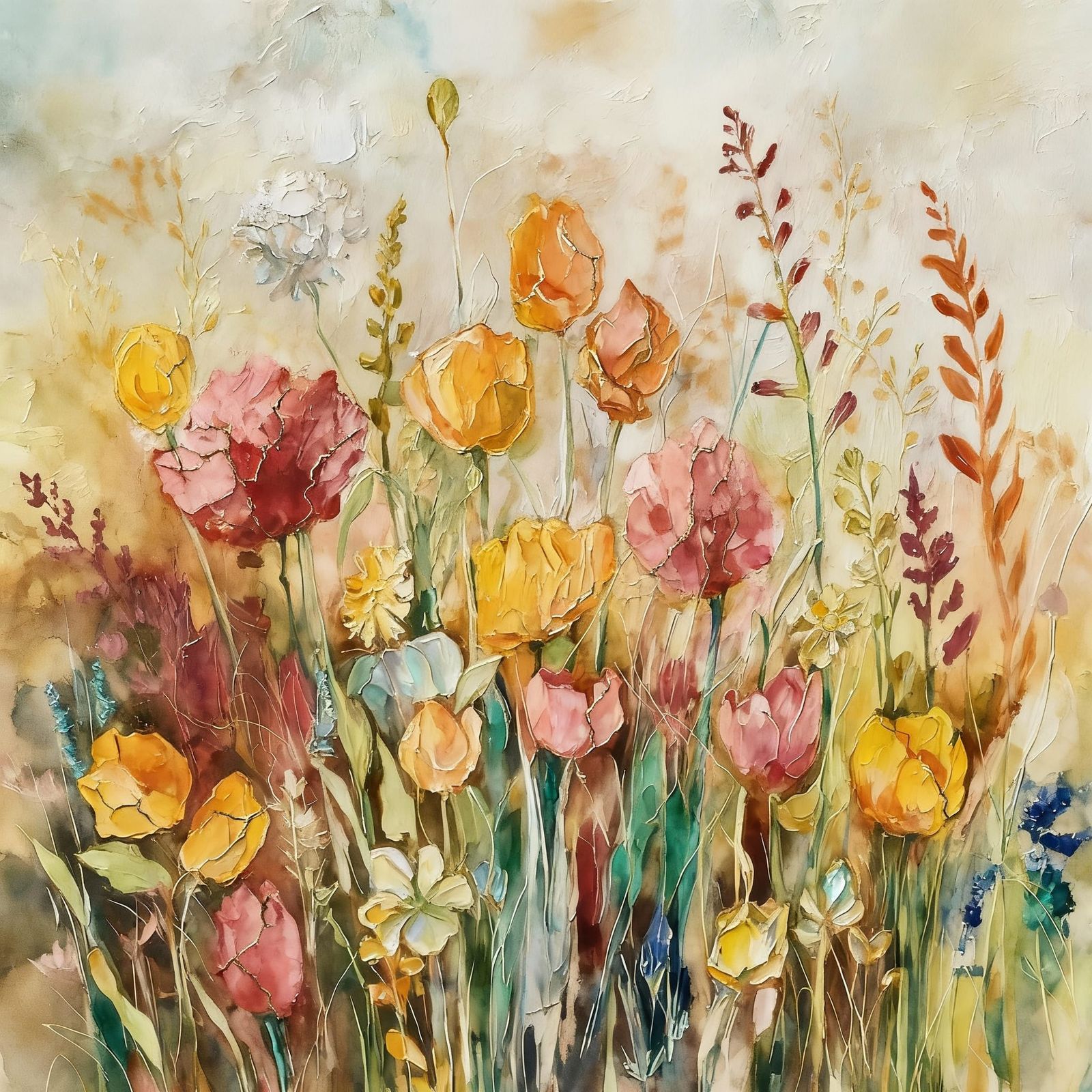 Kintsugi Spring Flowers in Textured Impasto Meadow