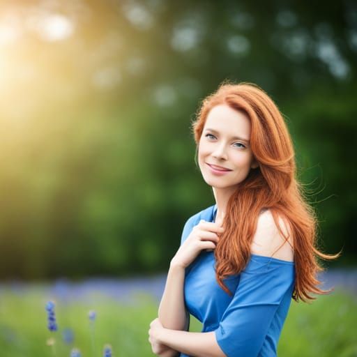 Redhead in a Field of Blue Flowers