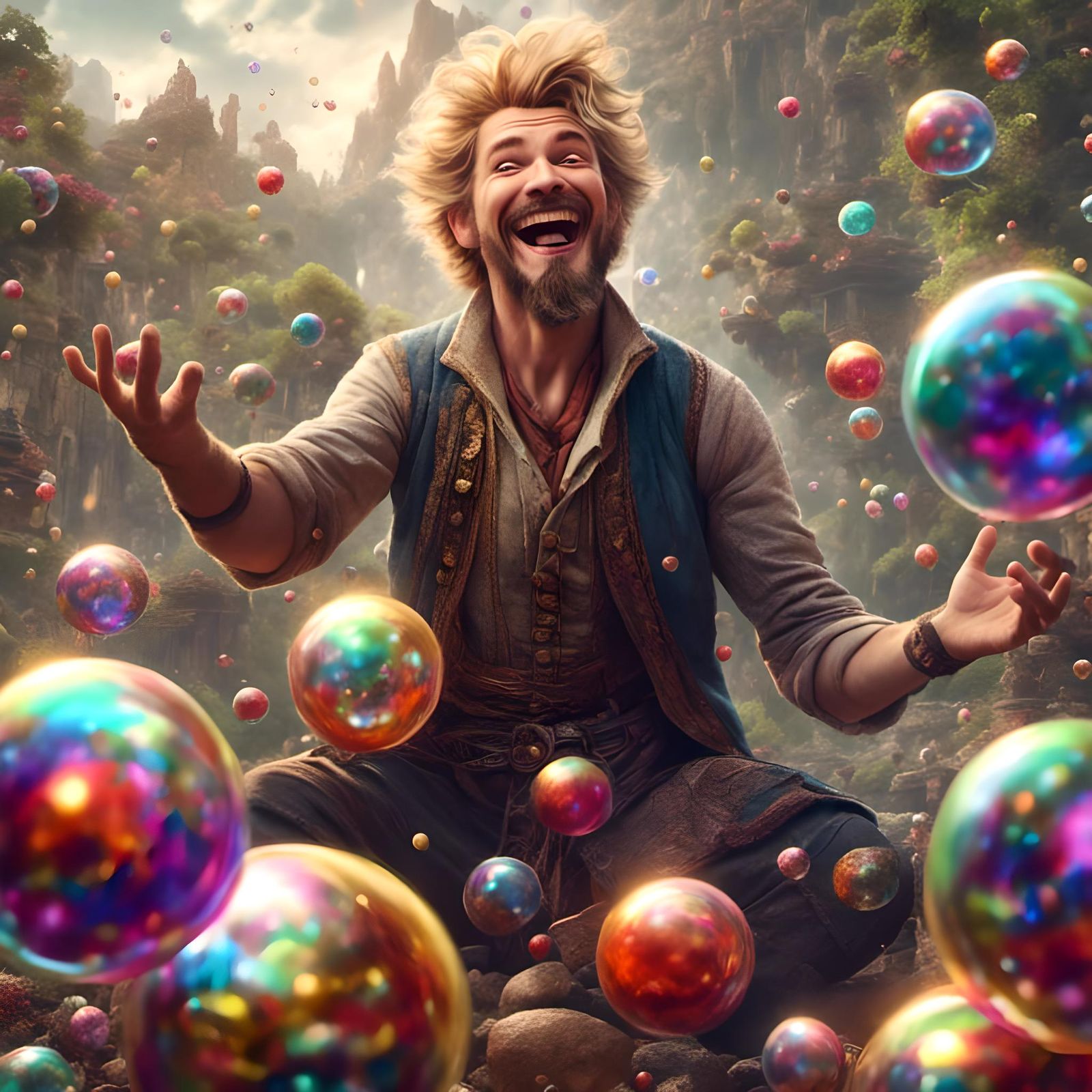 Hyperrealistic Man Juggling Orbs in Digital Art