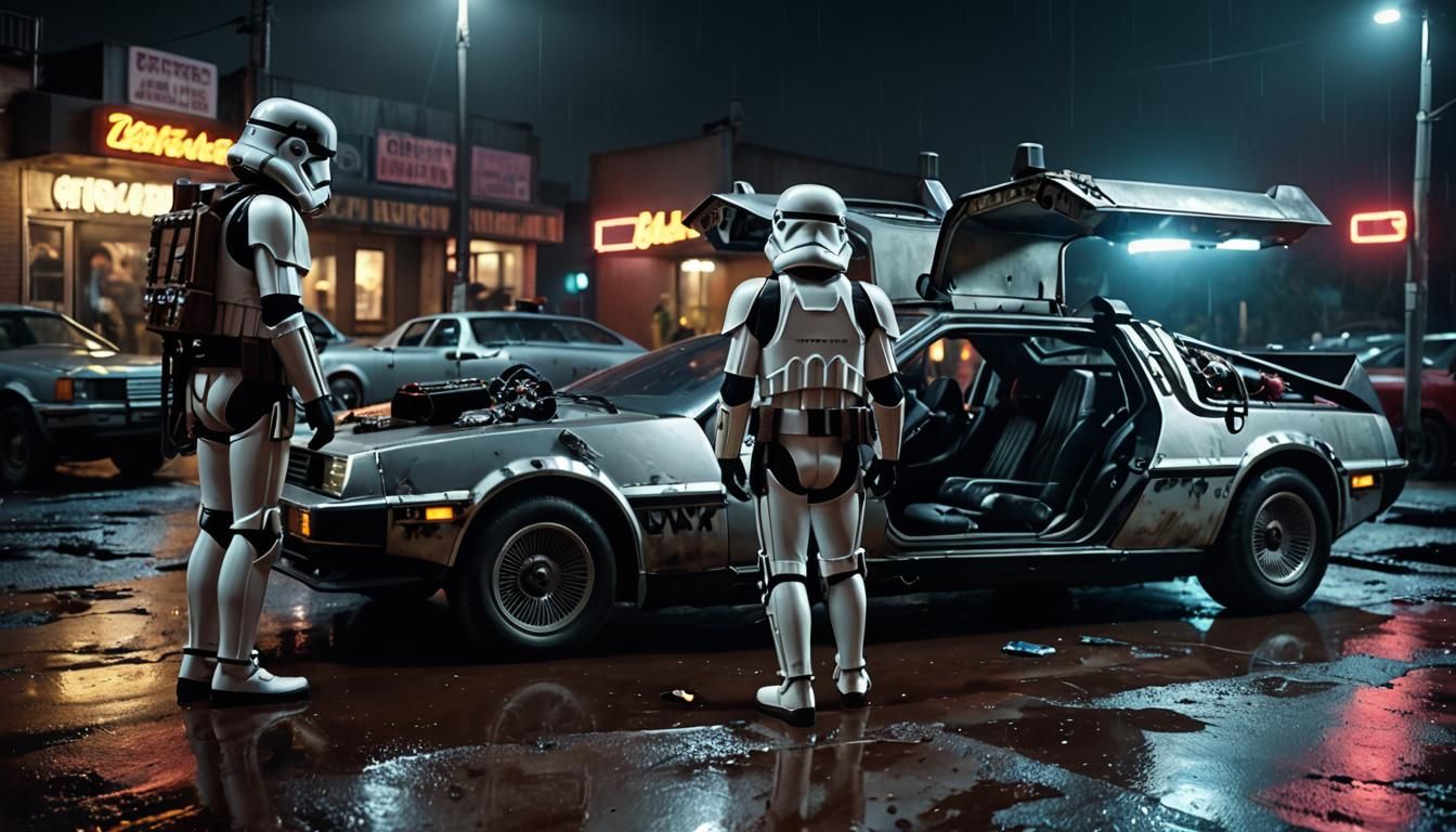 Stormtroopers Inspecting DeLorean in Gritty Sci-Fi Scene