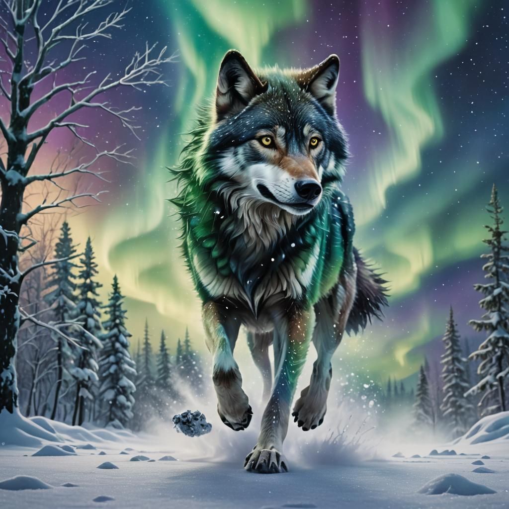 Wolf Running Under Northern Lights, Fantasy Concept Art
