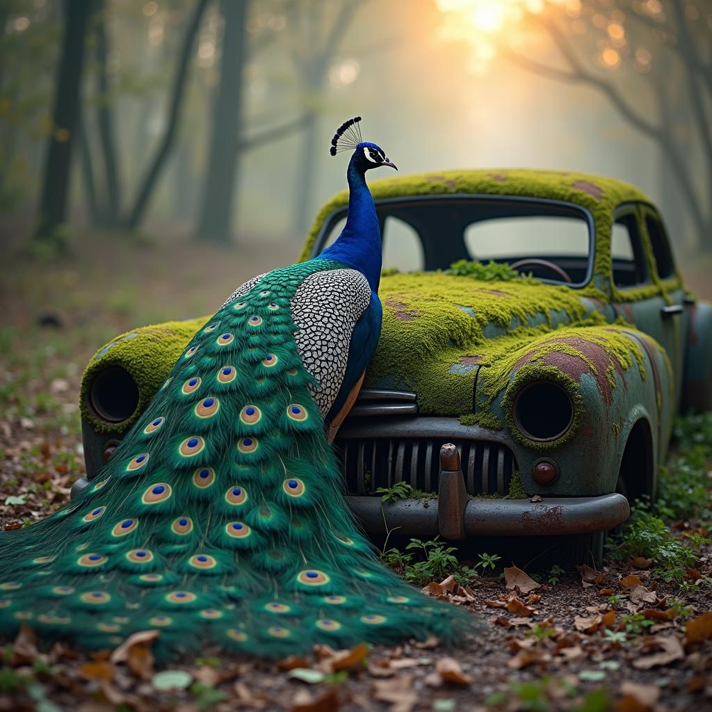 Peacock and Abandoned Car in Puzzle Style