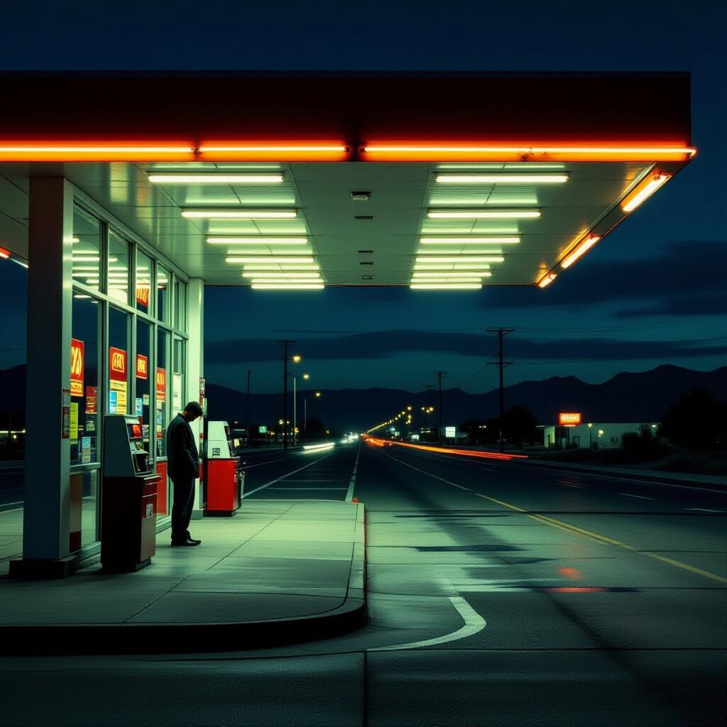 Lonely Gas Station on Desert Highway at Night
