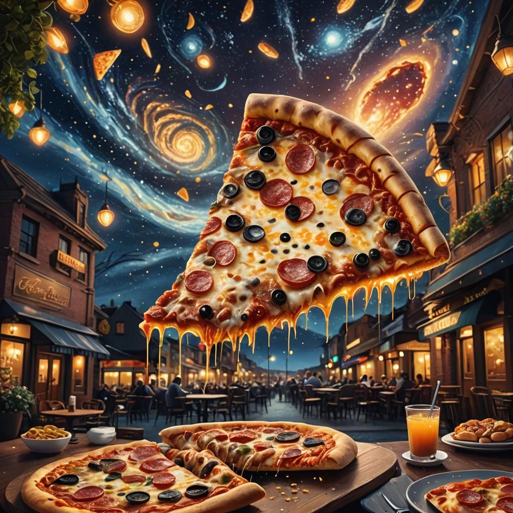 Pizza Under Starry Sky: Fantastical Splash Art