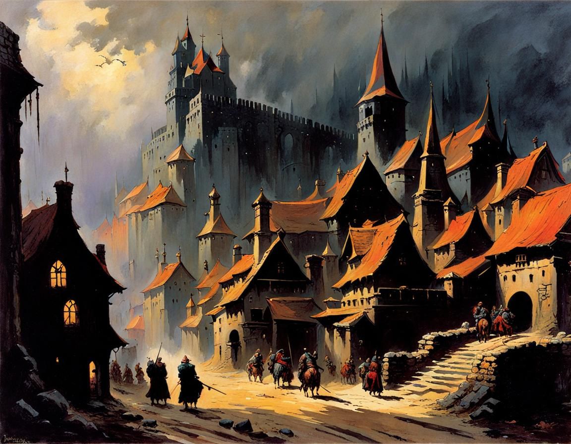 Gloomy Medieval Fantasy Town in Frazetta Style