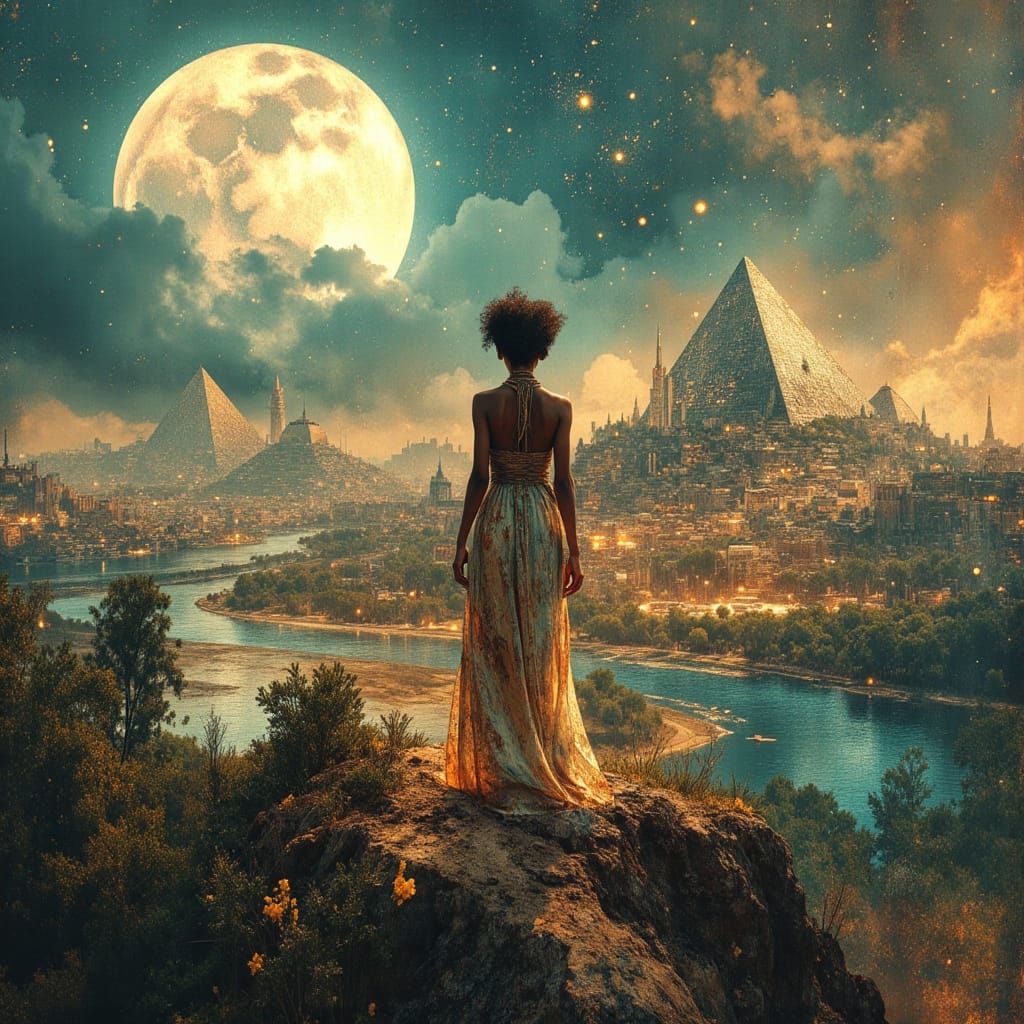 Afrofuturistic Egyptian Cityscape at Night