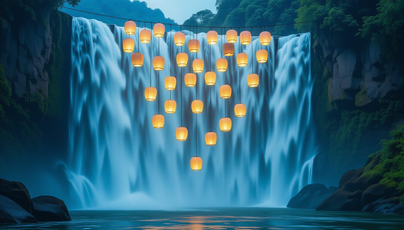 Gigantic Waterfall with Falling Paper Lanterns, Cinematic St...