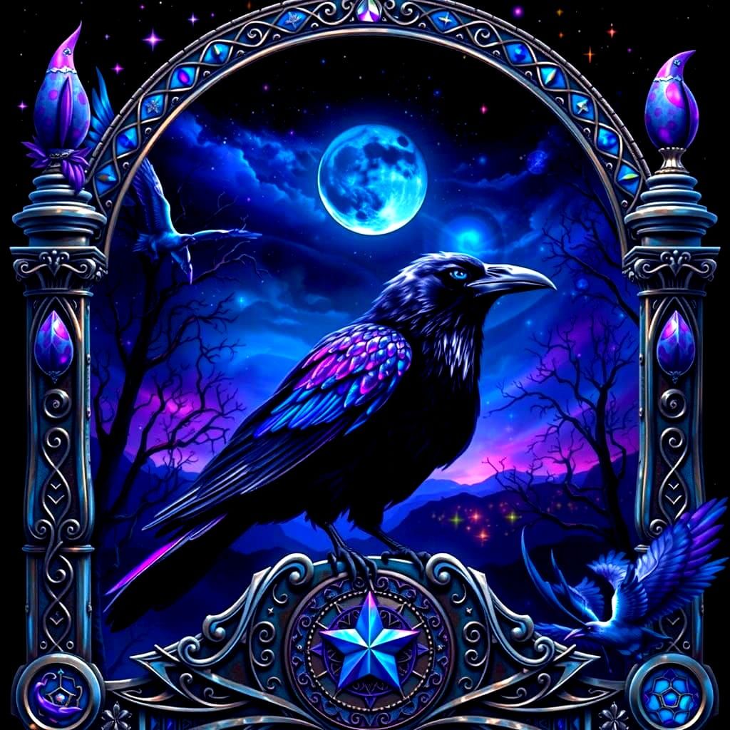 Gothic Crow with Cosmic Eyes in Zentangle Style