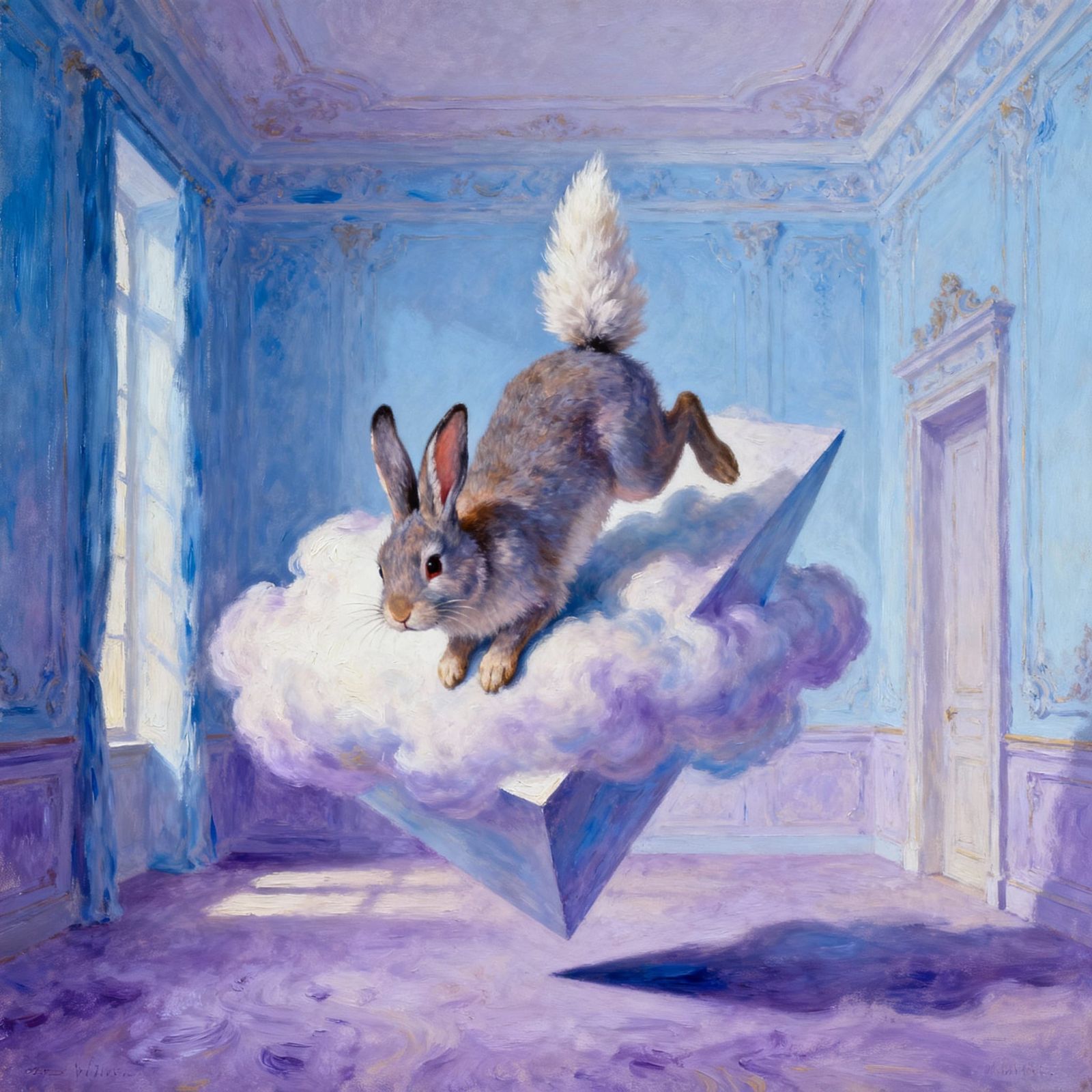 Surreal Topsy-Turvy Rabbit Oil Painting