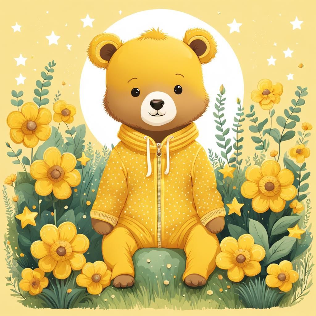 Cute Chibi Bear in Moonlit Garden Illustration