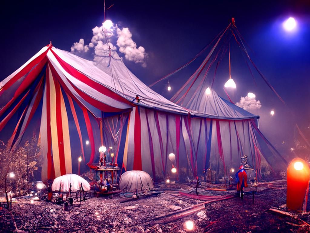 Eerie Circus Tent with Clowns, Photorealistic Render