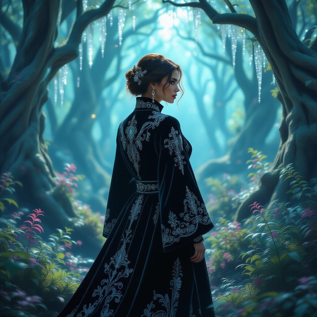 Woman in Velvet Coat at Mystical Crystal Forest