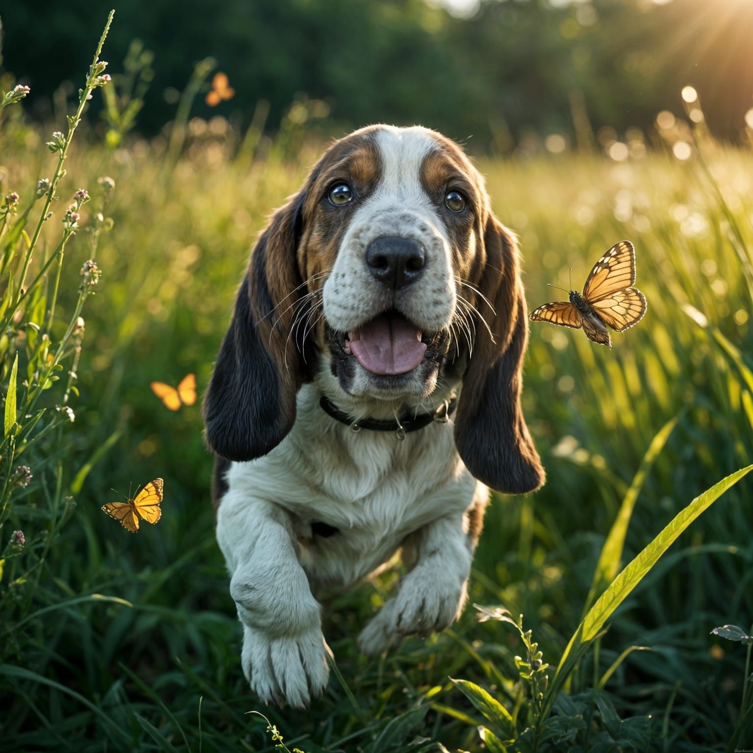 Basset Puppy Chasing Butterfly in Cinematic Film Still