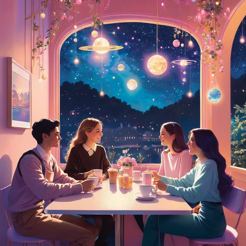Friends Gather in Dreamlike Café Setting
