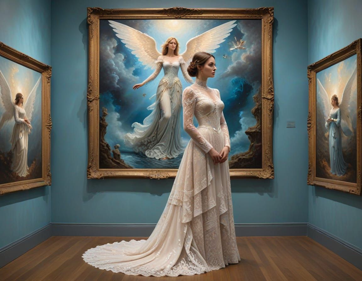 Victorian Angel Gazing at Surreal Dreamscape Painting