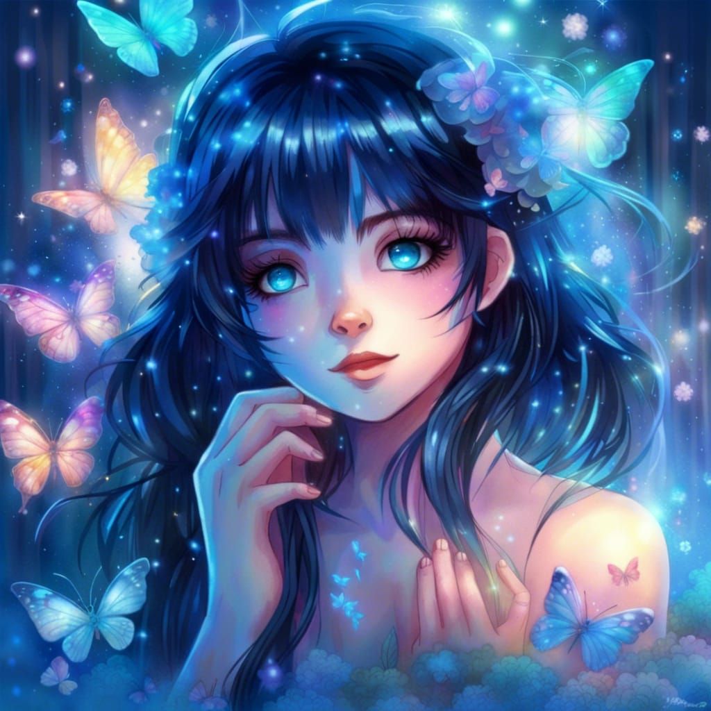 A shy and cute faced anime girl, colorful manga drawing, bla...