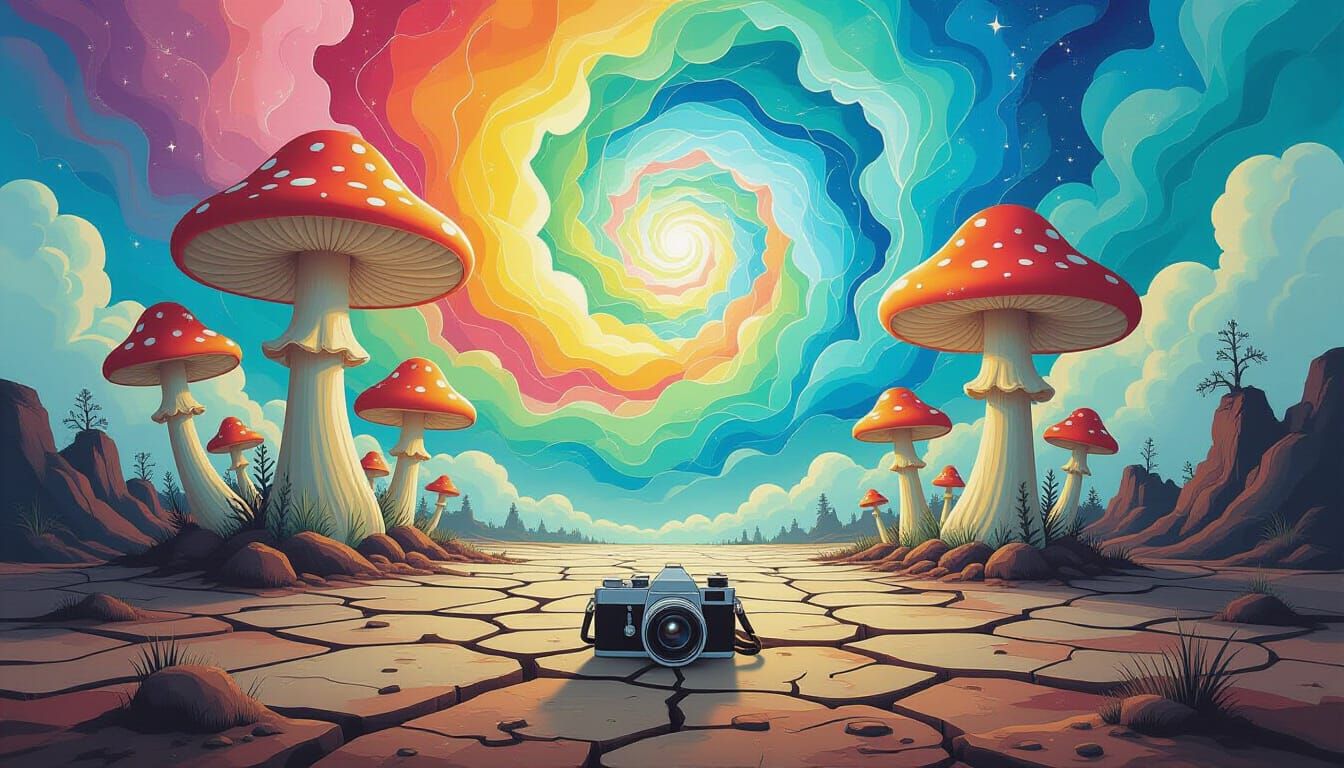 Luminous Mushrooms in Surreal Alcohol Ink Landscape