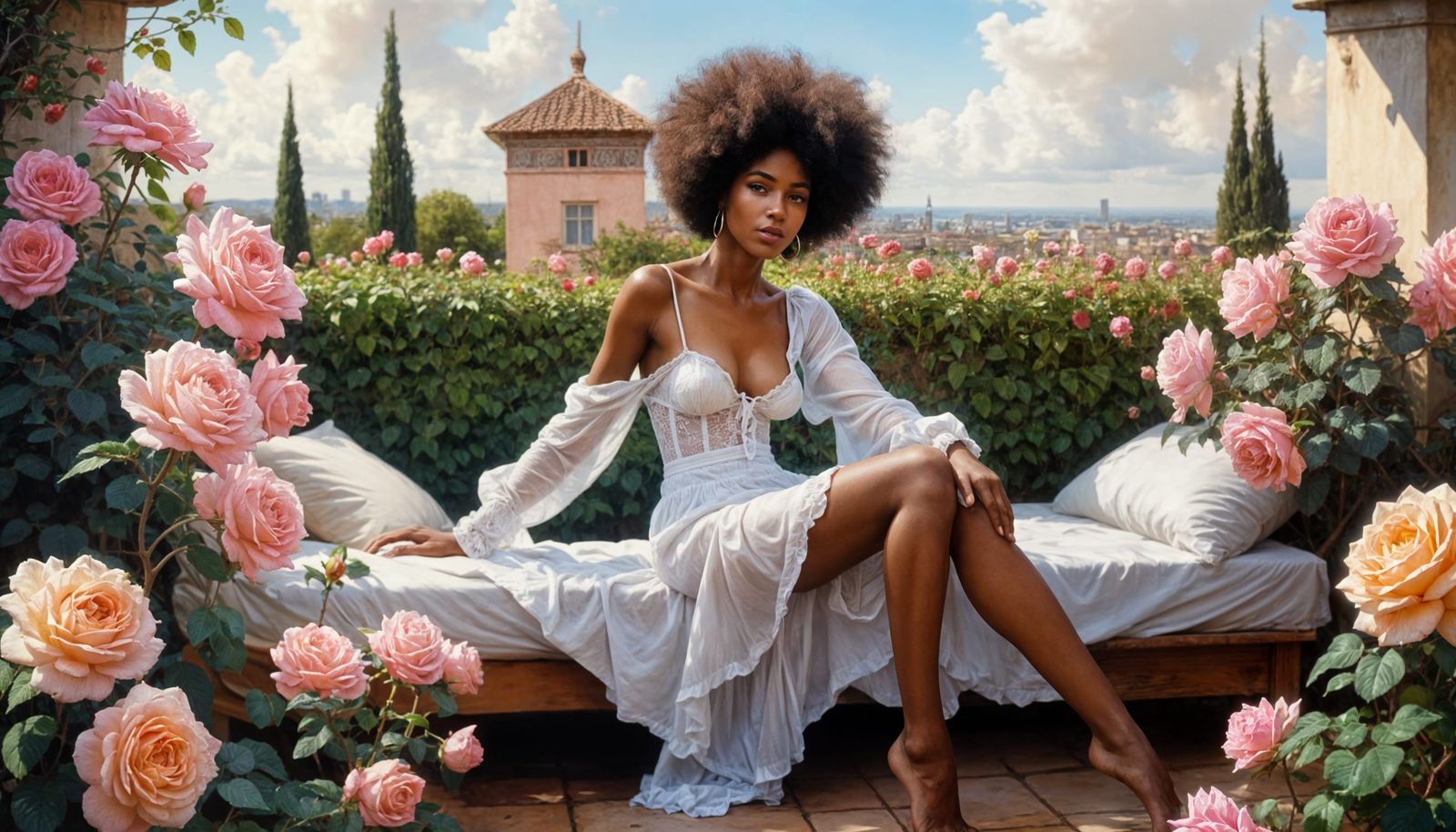 Afro Woman in Aegean Rooftop Rose Garden