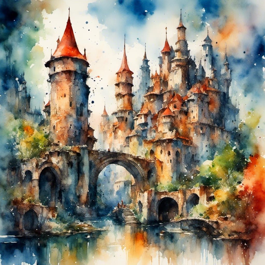 Colorful Medieval Castle in Watercolor Painting Style
