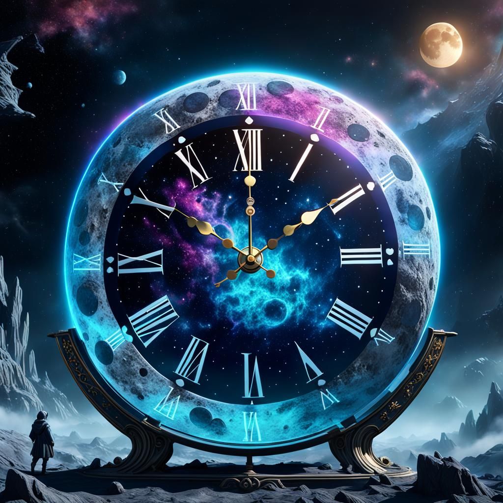 Cosmic Moon Clock in Colorful Fog: Detailed Matte Painting
