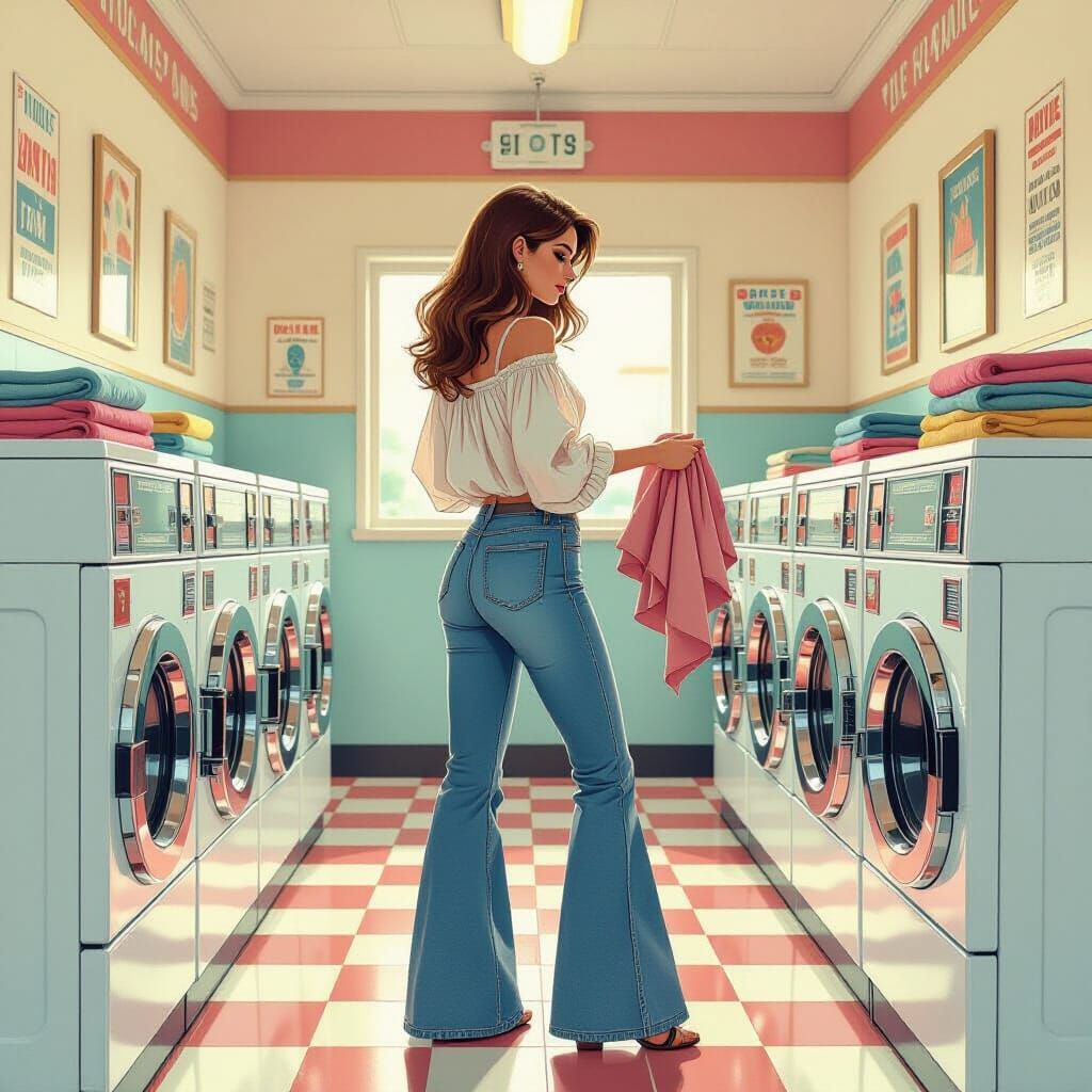 Vintage Laundromat Scene in Retro-Futuristic Style
